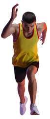 Front view image of young sportive man, professional runner, athlete in motion, training isolated...