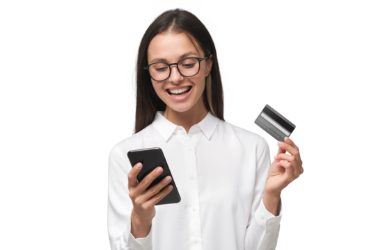 Young smiling woman holding credit card and phone - Powered by Adobe