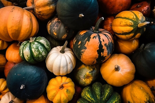 Different types and colors of pumpkin background, flat lay. Generative AI