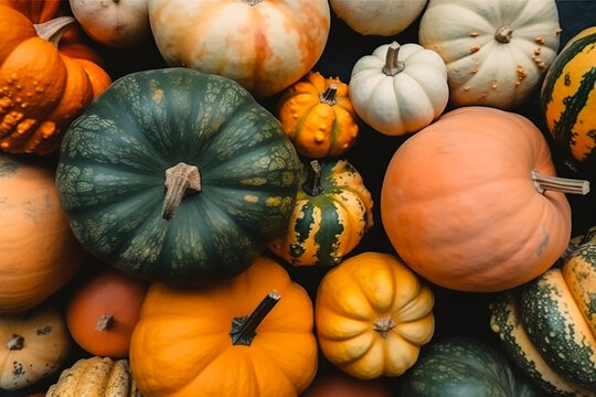 Different types and colors of pumpkin background, top view. Generative AI