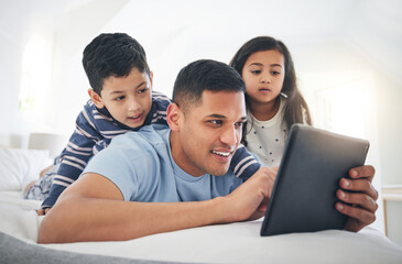 Father, children and tablet, games or cartoon streaming online with internet, bonding and people...