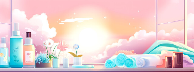 modern bathroom ready for morning and evening hygiene, pink banner made with Generative AI