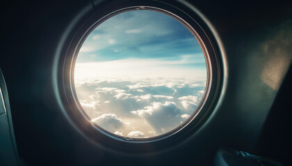 Fototapeta premium Clear Blue Sky and Reflections in Airplane Window sunlit airplane window, clear sky, fluffy clouds, reflection, spacious interior, peaceful flight. Generative AI
