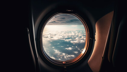 Clear Blue Sky and Reflections in Airplane Window sunlit airplane window, clear sky, fluffy clouds, reflection, spacious interior, peaceful flight. Generative AI