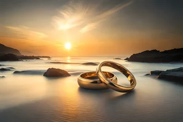 Poster de jardin Coucher de soleil sur la plage wedding rings on the beach