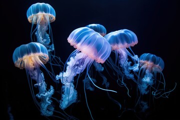 Jellyfish swimming blue behind dark background. Generative AI