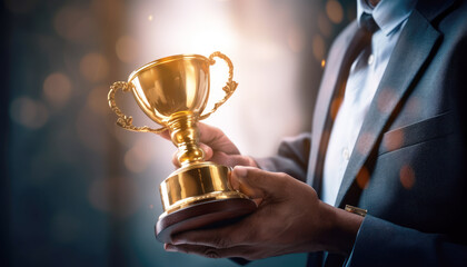 Celebratory moment, a successful individual businessman holds a prestigious trophy, representing their remarkable achievement and business success. Generative AI