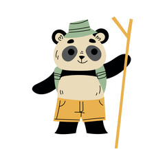 Obraz premium Funny Panda Traveler Character with Backpack and Stick Vector Illustration