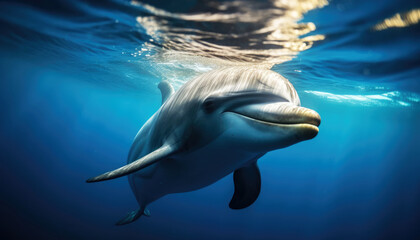 Blue marine wildlife Common bottlenose dolphin swimming underwater with sea life. Generative AI