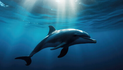 Blue marine wildlife Common bottlenose dolphin swimming underwater with sea life. Generative AI