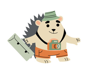 Funny Hedgehog Traveler Character Walking with Trunk and Camera Vector Illustration