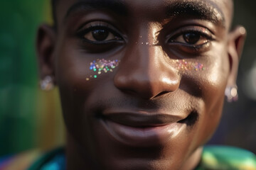 African man with shadows and glitter. Black LGBTQI man outdoors, closeup
