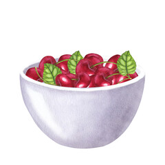 Red juicy cherry berries, bowl. Healthy diet. Hand drawn watercolor illustration isolated on white background. Design element for bar and restaurant menu, recipes
