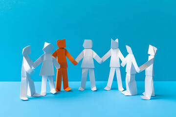 A group of paper people coming together as a team to support each other
