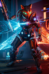 an extremely detailed biomechanical cyberpunk cat fighting with the enemy, glowing eyes, fantasy art, hyperrealism, polished, beautiful, radiant, colorful, intricate, vray, nvdia ray tracing, octane