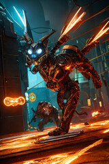 an extremely detailed biomechanical cyberpunk cat fighting with the enemy, glowing eyes, fantasy art, hyperrealism, polished, beautiful, radiant, colorful, intricate, vray, nvdia ray tracing, octane