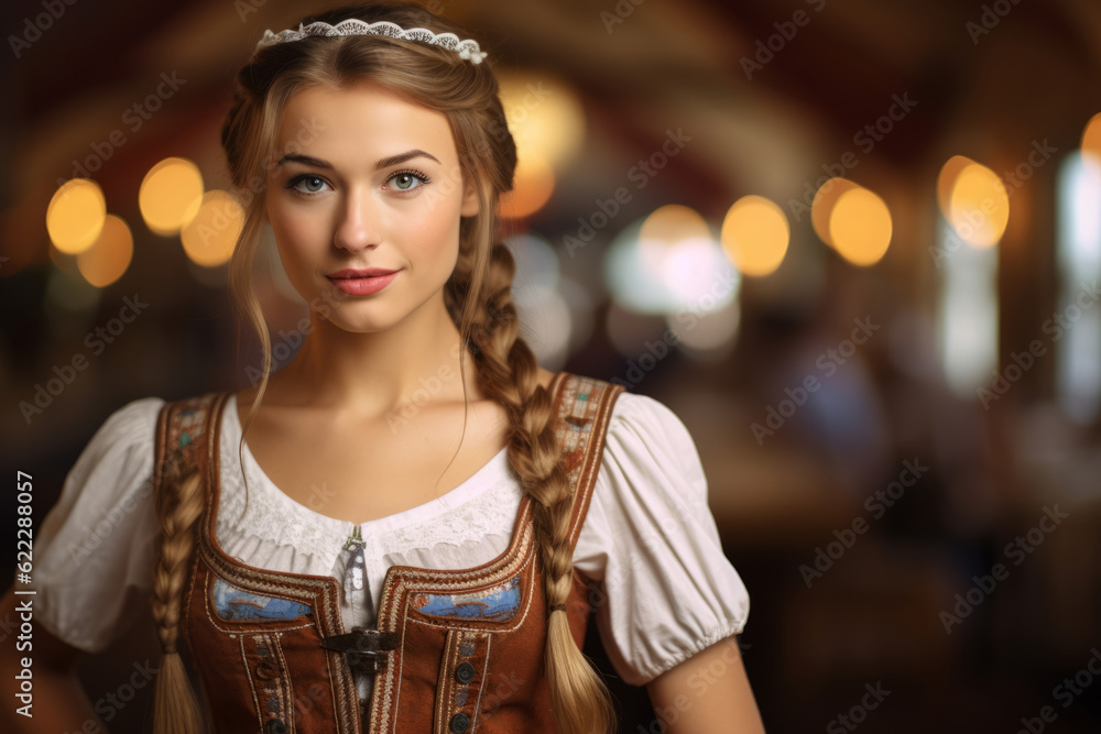 Wall mural Portrait of an oktoberfest waitress wearing traditional outfit inside a beer hall