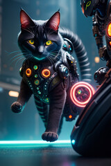 an extremely detailed biomechanical cyberpunk cat fighting with the enemy, glowing eyes, fantasy art, hyperrealism, polished, beautiful, radiant, colorful, intricate, vray, nvdia ray tracing, octane
