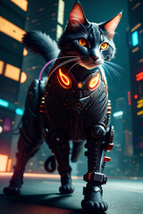 an extremely detailed biomechanical cyberpunk cat fighting with the enemy, glowing eyes, fantasy art, hyperrealism, polished, beautiful, radiant, colorful, intricate, vray, nvdia ray tracing, octane