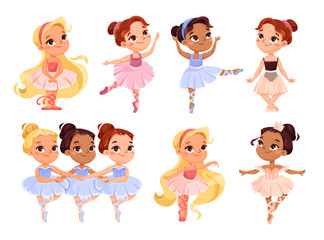 Cute Girl Ballerina in Tutu Skirt and Pointe Shoes Dancing Ballet Vector Set