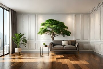 modern interior design of room with sofa and green tree