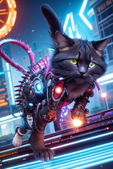 an extremely detailed biomechanical cyberpunk cat fighting with the enemy, glowing eyes, fantasy art, hyperrealism, polished, beautiful, radiant, colorful, intricate, vray, nvdia ray tracing, octane 