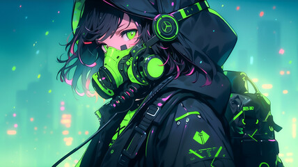 Anime girl character with a green colour theme. Created with Generative AI.