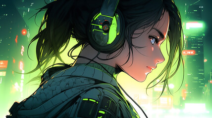 Anime girl character with a green colour theme. Created with Generative AI.