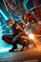 an extremely detailed biomechanical cyberpunk cat fighting with the enemy, glowing eyes, fantasy art, hyperrealism, polished, beautiful, radiant, colorful, intricate, vray, nvdia ray tracing, octane 