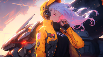 Female anime character, mech combat pilot. Created with Generative AI. - obrazy, fototapety, plakaty