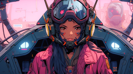 Female anime character, mech combat pilot. Created with Generative AI.
