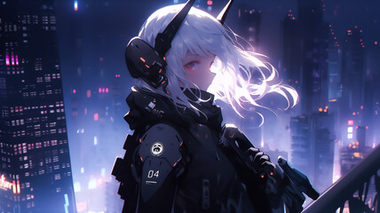 Cyberpunk anime character. Cyborg warrior ninja girl, intense look. Created with Generative AI.