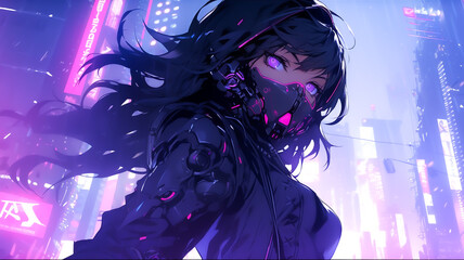 Cyberpunk anime character. Cyborg warrior ninja girl, intense look. Created with Generative AI. - obrazy, fototapety, plakaty