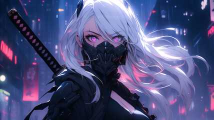 Naklejka premium Cyberpunk anime character. Cyborg warrior ninja girl, intense look. Created with Generative AI.