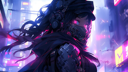 Cyberpunk anime character. Cyborg warrior ninja girl, intense look. Created with Generative AI.
