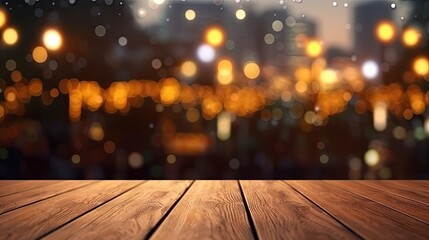 Empty wooden table with bokeh lights background