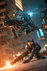 an extremely detailed biomechanical cyberpunk cat fighting with the enemy, glowing eyes, fantasy art, hyperrealism, polished, beautiful, radiant, colorful, intricate, vray, nvdia ray tracing, octane 