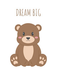 Tiny baby bear sitting. Illustration for little babies. Covers, posters, prints. First introduction to animals. Vector isolated on white background