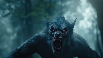 Woodland werewolf monstrosity lurking in the deepest darkest region of a scary cursed forest, vampiric lust for blood and malignant rabies infected madness overwhelms him at full moon - generative AI