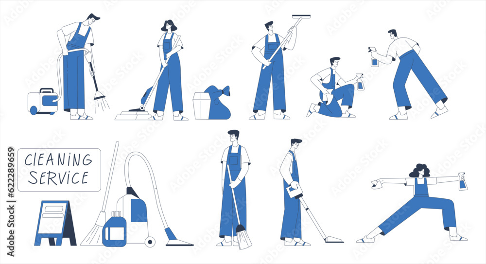 Aufkleber cleaning service with professional worker characters vector set