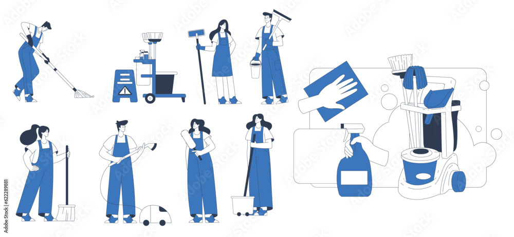 Aufkleber cleaning service with professional worker characters vector set