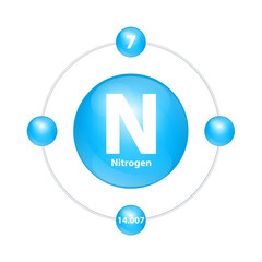 Nitrogen (N) Icon structure chemical element round shape circle light blue with surround ring. Period number shows of energy levels of electron. Study science for education. 3D Illustration vector.