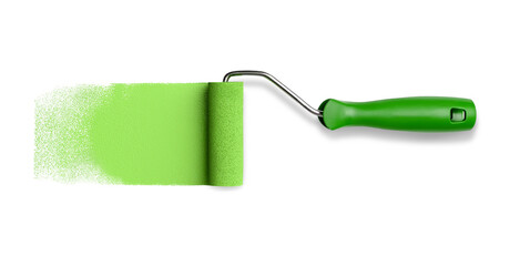 Paint roller with green stroke isolated on white