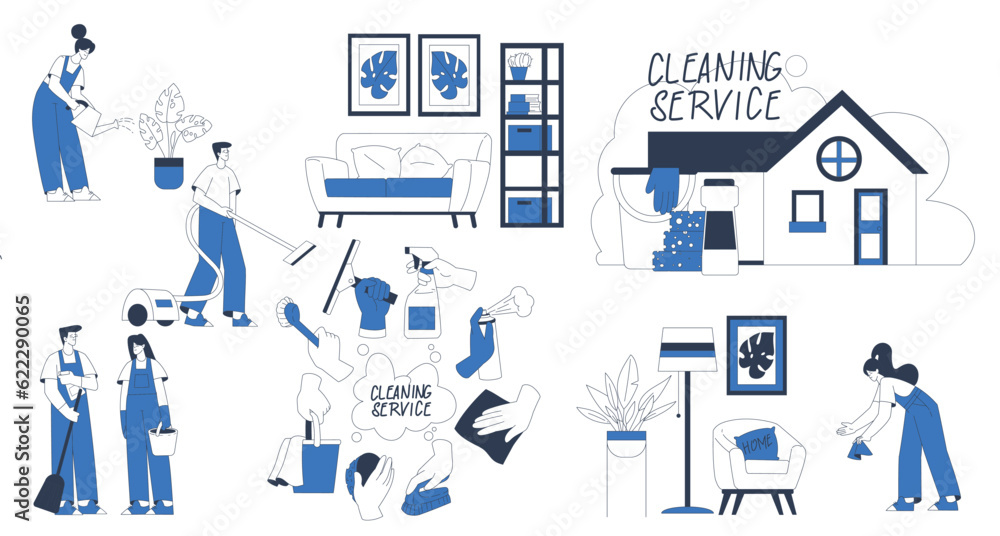 Poster cleaning service with professional worker characters vector set