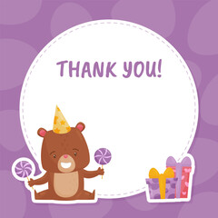 Thank You Card with Cute Bear Animal Vector Template