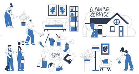 Cleaning Service with Professional Worker Characters Vector Set