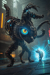 an extremely detailed biomechanical cyberpunk cat fighting with the enemy, glowing eyes, fantasy art, hyperrealism, polished, beautiful, radiant, colorful, intricate, vray, nvdia ray tracing, octane 