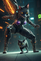 an extremely detailed biomechanical cyberpunk cat fighting with the enemy, glowing eyes, fantasy art, hyperrealism, polished, beautiful, radiant, colorful, intricate, vray, nvdia ray tracing, octane 