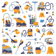 Professional Cleaning Equipment with Vacuum Cleaner Machine Vector Set © topvectors