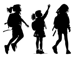 silhouette of schoolgirl running jumping waving, back to school concept